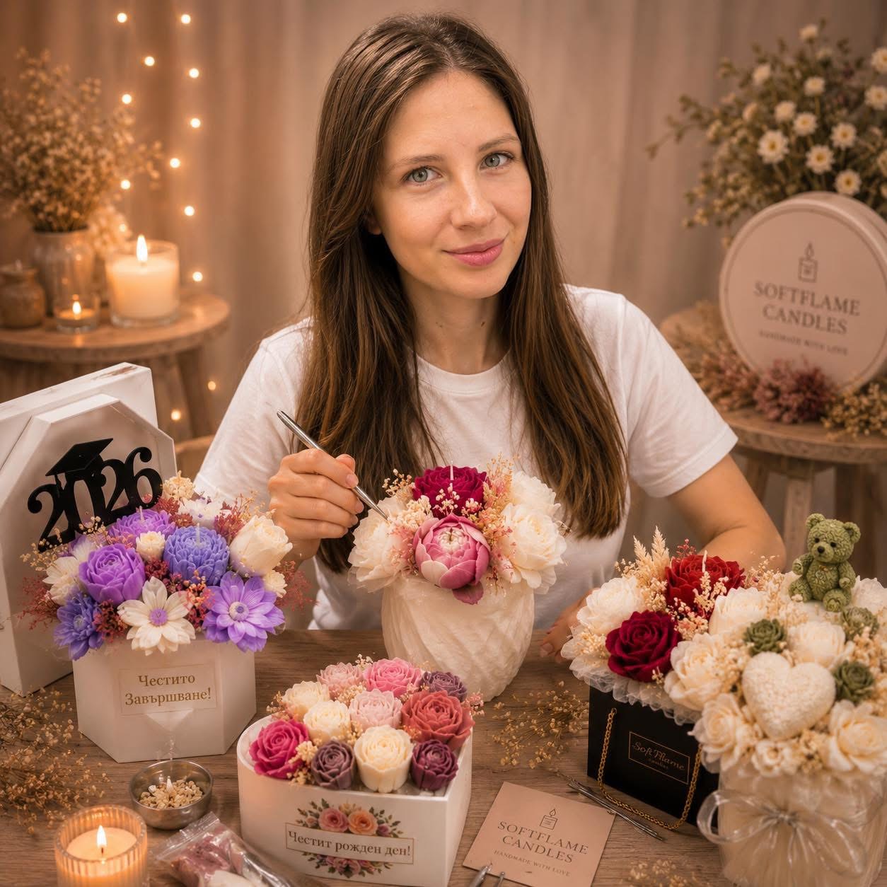 Василена от SoftFlame Candles сред ръчно изработените си свещи и букети
